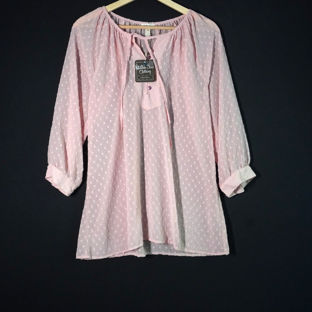 Matilda Jane Ari Tunic Blouse Swiss Dot Sheer 3/4 Sleeve Button Pink Size M NWT
